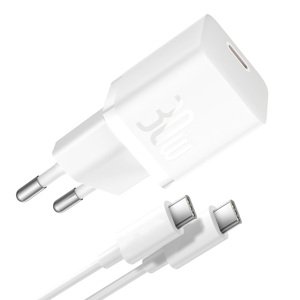 Baseus GaN nabíjačka (P10110902213-00) – USB-C, 30 W, rýchle nabíjanie, kábel USB-C 100 W (1 m), Moon White KF2320877