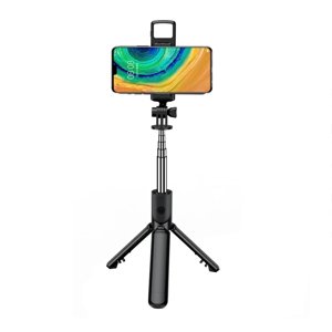 Techsuit – mini selfie tyč, stabilný a kompaktný statív, Bluetooth ovládanie, LED svetlo, 67 cm – čierna KF2323615