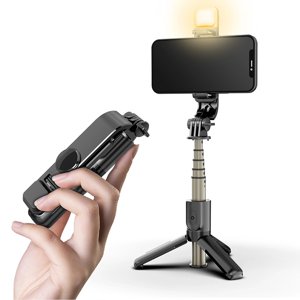 Techsuit – mini selfie tyč so stabilným statívom, Bluetooth ovládaním a prídavným svetlom, 70 cm – čierna KF2323883