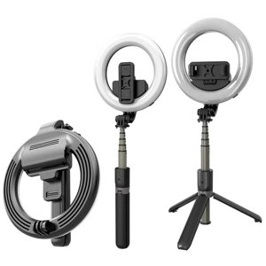 Techsuit Selfie Tyč (L07) - Stabilný Statív s Bluetooth Diaľkovým Ovládaním a Svetelným Kruhom, 90 cm - Čierna KF2323890