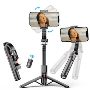 Techsuit Selfie Tyč (L19s) - Stabilný Gimbal/Statív s Bluetooth Diaľkovým Ovládaním, Doplňujúcim Svetlom, 360° Otáčaním, 70 cm - Čierna KF2323897