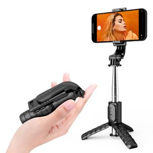 Techsuit Mini Selfie Stick Q11 so stabilným stojanom, diaľkovým ovládaním Bluetooth, 360° otočením, nerezovou konštrukciou, 74 cm – čierny KF2323900