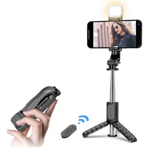Techsuit – mini selfie tyč so stabilným statívom, Bluetooth ovládaním, prídavným svetlom, 360° otáčanie, 76 cm – čierna KF2323901