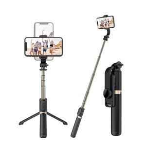 Techsuit Selfie Stick Q03 so stabilným stojanom, diaľkovým ovládaním Bluetooth, 360° otočením, hliníkovou konštrukciou, 74 cm – čierny KF2323907