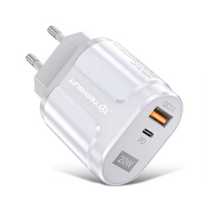 Techsuit CHPD038 Premium sieťová nabíjačka – USB-A QC3.0, USB-C, 20W – biela KF2327939