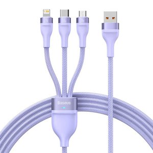 Baseus – dátový kábel Flash Series 2 USB na Type-C / Lightning / Micro-USB, rýchle nabíjanie, 66 W, 1,2 m – fialový KF2332293