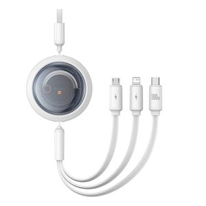 Baseus – navíjací dátový kábel Free2Draw USB na USB-C / Lightning / Micro-USB, 100 W, 1,1 m – biely (Moon White) KF2332504