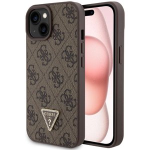 Guess - Leather 4G Triangle Strass kryt na iPhone 15 - Hnedá KF2339745