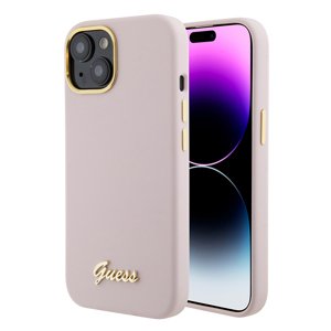 Guess Silikónový Nápis Metal Logo & Rám (GUHCP15SSMBSLP) puzdro pre - iPhone 15 - Svetloružová KF2339857