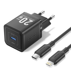 Vention TZ-FEPB0-EU-02 sieťová nabíjačka – USB-C, GaN, 20W, EU zástrčka, s USB-C/Lightning káblom 1m – čierna KF2340219