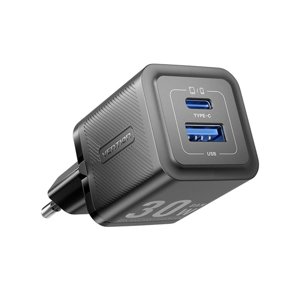 Vention FEQB0-EU sieťová nabíjačka – USB-C + USB, PD30W, GaN, dvojité rýchlonabíjanie, nízka teplota – čierna KF2340244