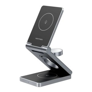 Vention FGFH0 bezdrôtová nabíjačka – 15W, 3v1, LED indikátor, stojan s MagSafe, 180° skladací – strieborná KF2340378