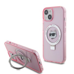Karl Lagerfeld tvrdý obal s prstencovým stojanom MagSafe (KLHMP15SHMRSCHP) - iPhone 15 - Ružová hlava Choupette KF2340899