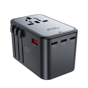 Acefast – cestovný adaptér GaN, 3× Type-C, 2× USB, EU/UK/AUS/US, PD75W, multifunkčná rýchla nabíjačka – čierny KF2340994