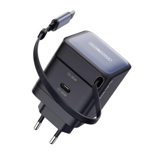 Duzzona sieťová nabíjačka s integrovaným káblom (T10) – 2× USB-C, GaN rýchlonabíjanie, 65W, čierna KF2342074