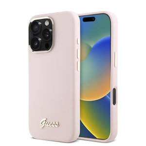 Guess Silikónový Nápis Metal Logo & Rám (GUHCP16LSMBSLP) puzdro pre - iPhone 16 Pro - Ružová KF2342154