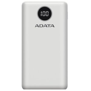 Adata power banka AP20000QCD – 20 000 mAh, Quick Charge 3.0, 18 W PD, Micro USB, USB-C, 2× USB-A, digitálny displej, biela KF2342174