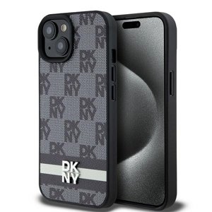 DKNY kožený obal Šachovnicový mono vzor a potlačené pruhy (DKHCP15MPCPTSSK) - iPhone 15 Plus - Čierny KF2342531