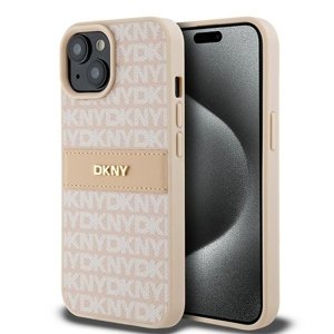 DKNY kožený kryt na iPhone 15 Plus s monovzorom, pruhom a kovovým logom (DKHCP15MPRTHSLP) - ružový KF2342532