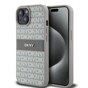 DKNY kožený obal Mono Stripe s kovovým logom (DKHCP15MPRTHSLE) - iPhone 15 Plus - Béžový KF2342533