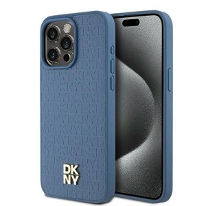 DKNY kožený kryt na iPhone 15 Pro Max s monogramovým vzorom a kovovým logom a MagSafe (DKHMP15XPSHRPSB) - modrý KF2342550