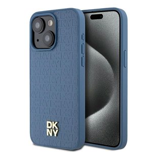 DKNY kožený kryt na iPhone 15 s koženým vzorom a kovovým logom a MagSafe (DKHMP15SPSHRPSB) - modrý KF2342554
