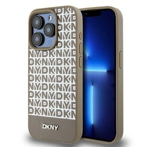 DKNY kožený kryt na iPhone 15 Pro s potlačeným vzorom a kovovým logom a MagSafe (DKHMP15LPSOSPW) - hnedý KF2342562
