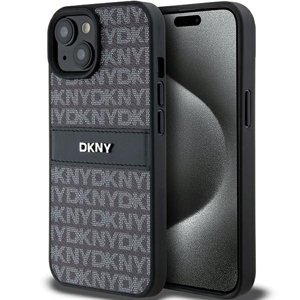 DKNY kožený kryt na iPhone 15 Plus s monovzorom, pruhom a kovovým logom (DKHCP15MPRTHSLK) - čierny KF2342563