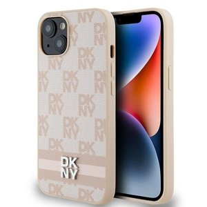 DKNY kožený kryt na iPhone 15 Plus s šachovnicovým monovzorom a potlačenými pruhmi (DKHCP15MPCPTSSP) - ružový KF2342570