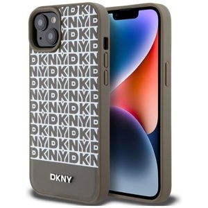 DKNY kožený kryt na iPhone 15 s potlačeným vzorom a kovovým logom a MagSafe (DKHMP15SPSOSPW) - hnedý KF2342573