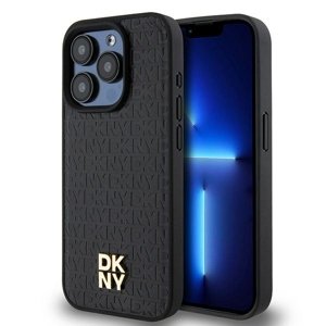DKNY kožený kryt na iPhone 15 Pro s monogramovým koženým vzorom a kovovým logom a MagSafe (DKHMP15LPSHRPSK) - čierny KF2342575