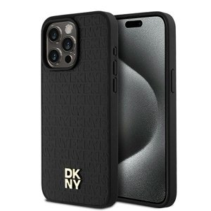 DKNY kožený kryt na iPhone 15 Pro Max s monogramovým vzorom a kovovým logom a MagSafe (DKHMP15XPSHRPSK) - čierny KF2342576