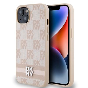 DKNY kožený kryt na iPhone 15 s šachovnicovým monovzorom a potlačenými pruhmi (DKHCP15SPCPTSSP) - ružový KF2342615