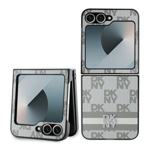 DKNY Kožený kryt s károvaným vzorom a potlačou pruhov pre Samsung Galaxy Z Flip6 – béžový KF2342654