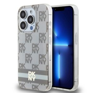 DKNY pevný kryt na iPhone 15 Pro Max s šachovnicovým monovzorom a potlačenými pruhmi a MagSafe (DKHMP15XHCPTSE) - béžový KF2342673