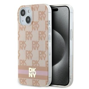 DKNY pevný kryt na iPhone 15 s šachovnicovým monovzorom a potlačenými pruhmi a MagSafe (DKHMP15SHCPTSP) - ružový KF2342675