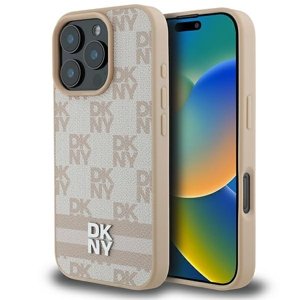 DKNY kožený obal Šachovnicový vzor a potlačené pruhy (DKHCP16LPCPTSSP) - iPhone 16 Pro - Ružový KF2342724