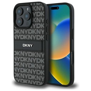 DKNY kožený pevný kryt na iPhone 16 Pro Max s textúrovaným vzorom a tónovaným pruhom (DKHCP16XPRTHSLK) - čierny KF2342729