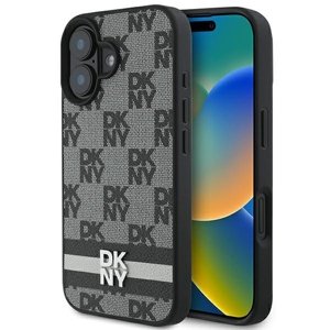 DKNY kožený obal Šachovnicový vzor a potlačené pruhy (DKHCP16SPCPTSSK) - iPhone 16 - Čierny KF2342730