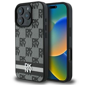 DKNY kožený obal Šachovnicový vzor a potlačené pruhy (DKHCP16LPCPTSSK) - iPhone 16 Pro - Čierny KF2342731