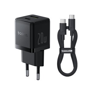Baseus sieťová nabíjačka Palm (P10111608113-01) – 2v1 rýchlonabíjačka, USB, USB-C, kábel USB-C, 20W, 5V/3A, 1m, čierna (Cluster Black) KF2344378