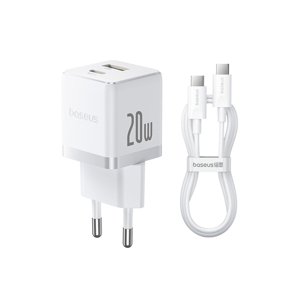 Baseus sieťová nabíjačka Palm (P10111608213-01) – 2v1 rýchlonabíjačka, USB, USB-C, kábel USB-C, 20W, 5V/3A, 1m, biela (Moon White) KF2344380