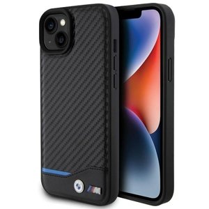BMW kožený kryt Carbon pre iPhone 15 Plus – Čierny KF2345169