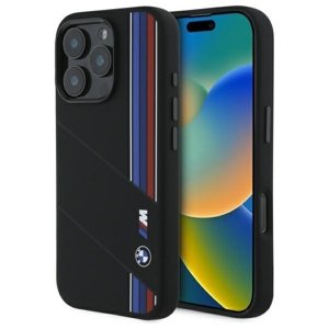 BMW MagSafe silikónový kryt M s vyrezanými trikolórovými líniami pre iPhone 16 Pro – Čierny KF2345250
