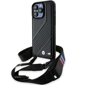 BMW Kryt Leather M Edition s karbónovým pruhom a remienkom pre iPhone 15 Pro – čierny KF2345314