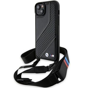 BMW Kryt Leather M Edition s karbónovým pruhom a remienkom pre iPhone 15 Plus – čierny KF2345315