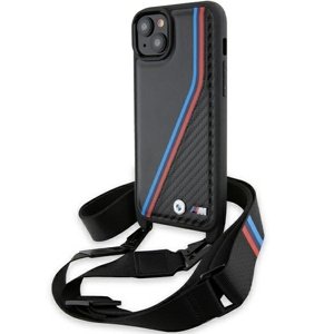 BMW Kryt Leather M Edition s karbónovými trojfarebnými pruhmi a remienkom pre iPhone 15 Plus – čierny KF2345322