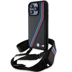 BMW Kryt Leather M Edition s karbónovými trojfarebnými pruhmi a remienkom pre iPhone 15 Pro Max – čierny KF2345323