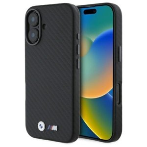 BMW kožený kryt Carbon s kovovým detailom pre iPhone 16 – Čierny KF2345345