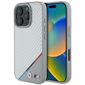 BMW - Leather M Carbon Tricolor Line MagSafe kožené puzdro na iPhone 16 Pro - sivý KF2345351